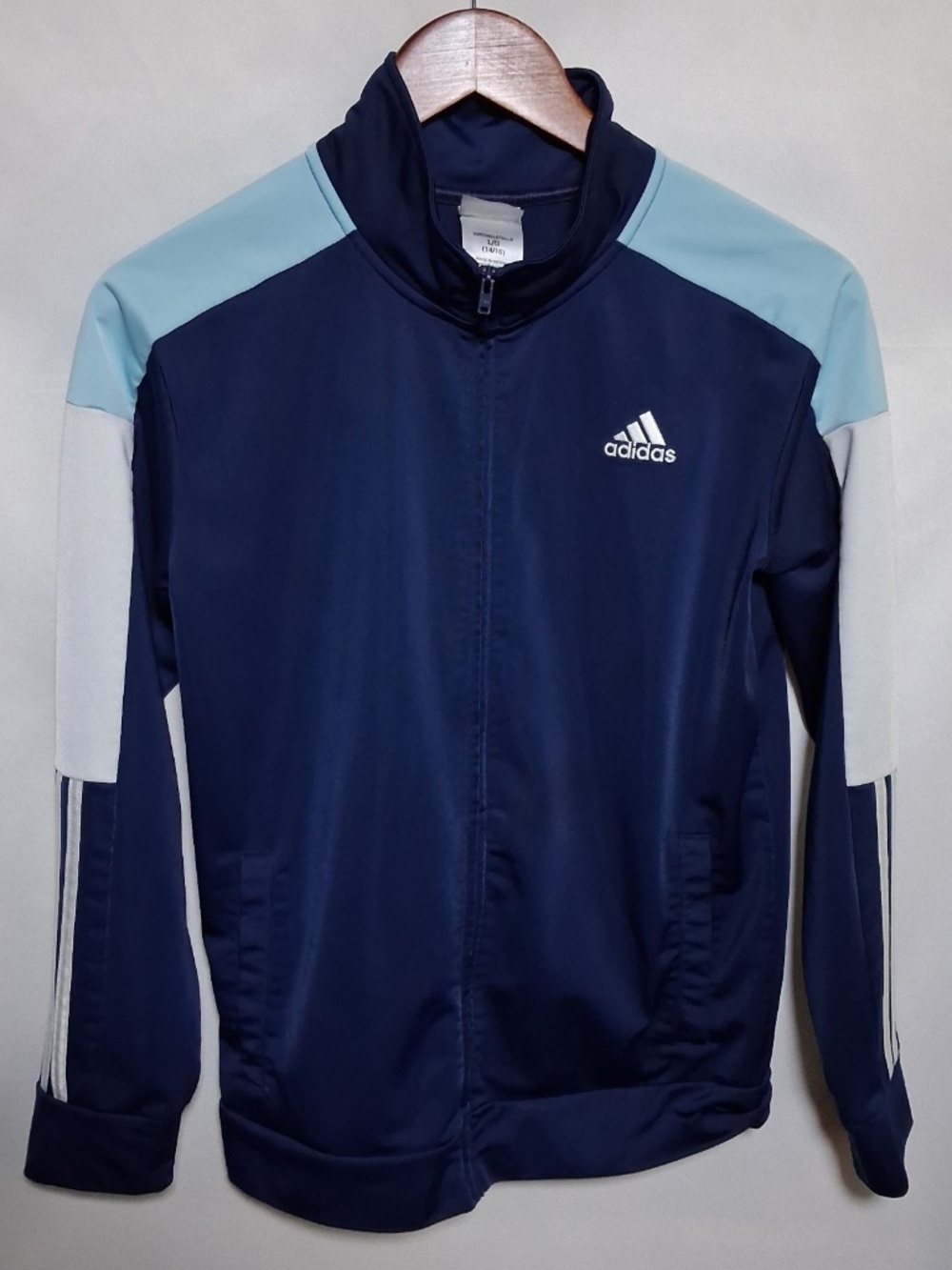 Boys Adidas Zip Front Colorblock Tricot Jacket Navy Blue Track Size L 14 16